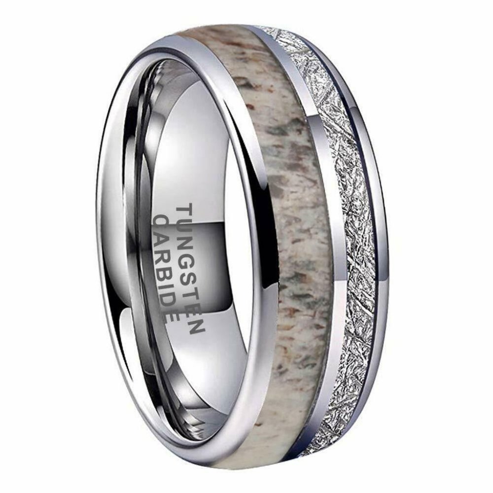 Unisex Tungsten Steel Wedding Band Ring 8mm. Silver w/ White Antler & Meteorite